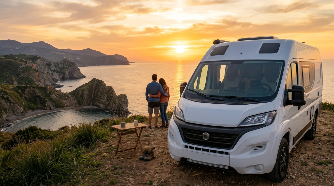 Pareja recibiendo una tarjeta regalo frente a una camper al atardecer