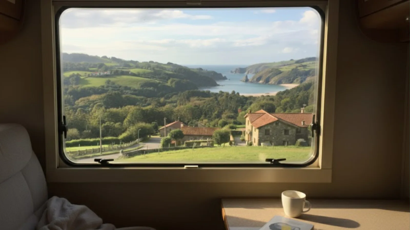 Vistas desde una autocaravana a un paisaje verde del norte de España