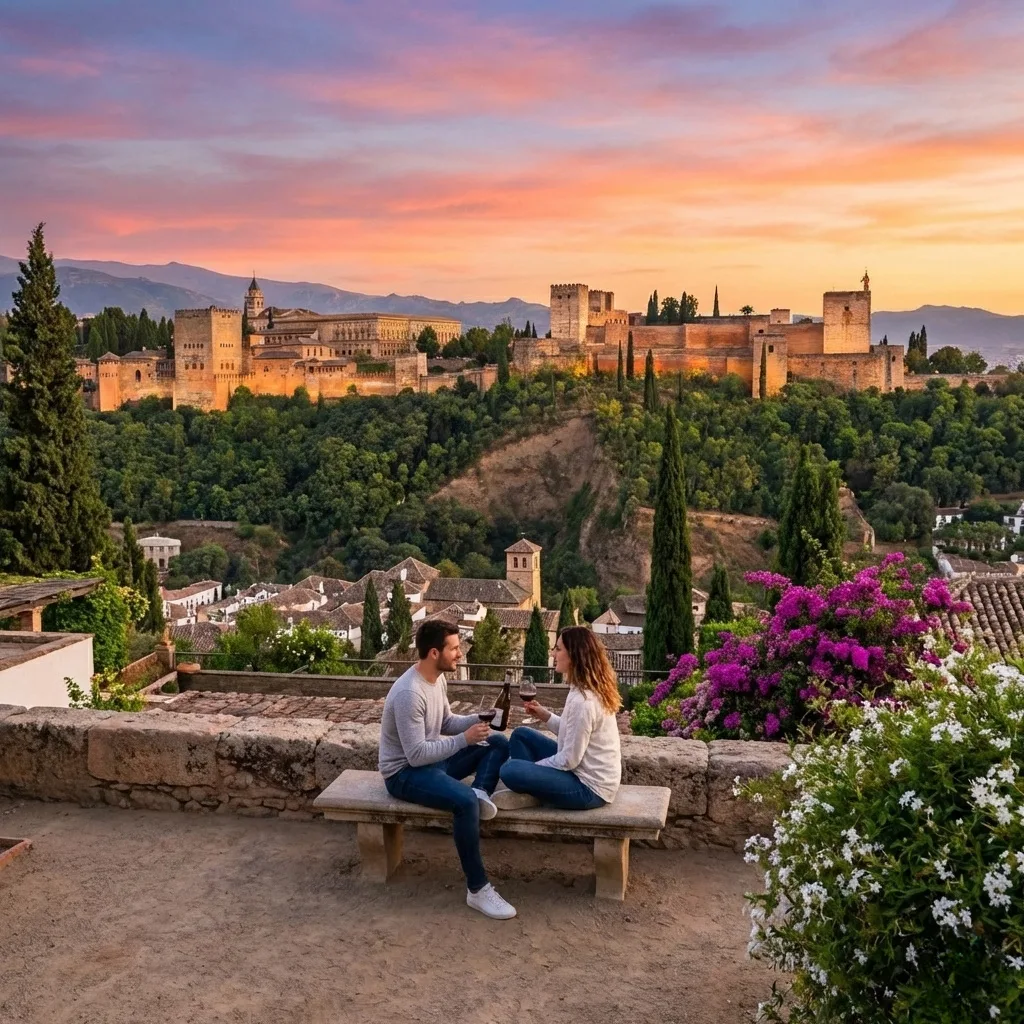 Pareja sentada frente a la Alhambra de granada
