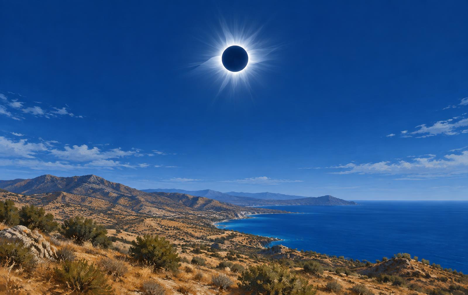 Ilustración conceptual de un eclipse total de Sol sobre un paisaje costero