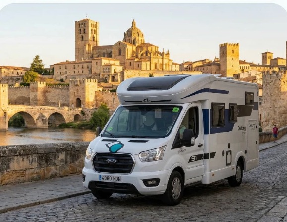 Autocaravana en pueblo con río