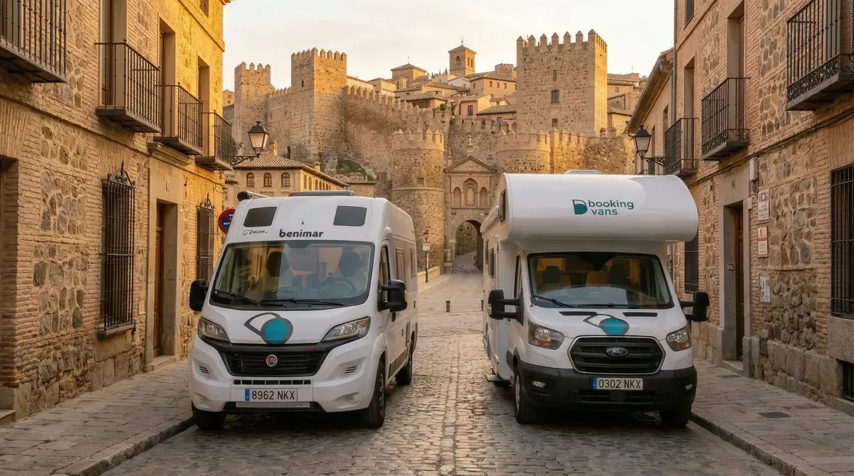 Autocaravanas de Bookingvans en una calle de Toledo con la muralla al fondo