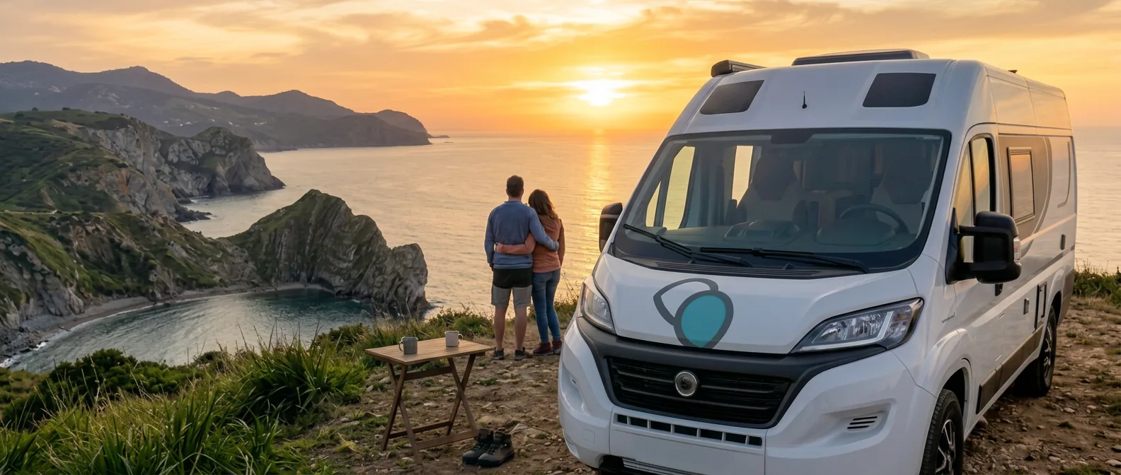 Autocaravana Benimar frente al mar al atardecer